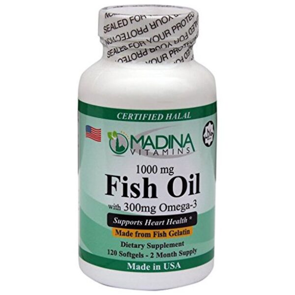 Madina Vitamins - Halal Fish Oil Omega-3 300mg (120 Softgels with Halal Beef Gelatin - Daily Supplement) by Madina Vitamins