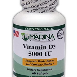 Madina Vitamins Vitamin D3 5000 IU, Supports Bone Health and Healthy Mood (60 Softgels Daily Supplements) Made in USA - Halal Vitamins