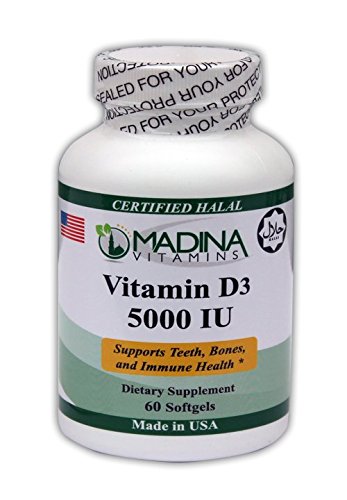 Madina Vitamins Vitamin D3 5000 IU, Supports Bone Health and Healthy Mood (60 Softgels Daily Supplements) Made in USA - Halal Vitamins