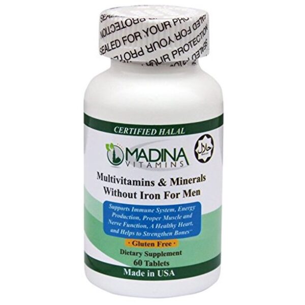 Madina Vitamins Multivitamins and Minerals for Men without Iron with LYCOPENE (60 Tablets Daily Supplement) - Halal Vitamins