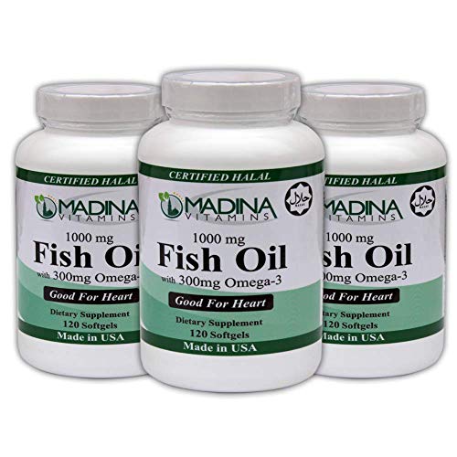 Madina Vitamins Fish Oil (1000 mg) Omega 3 (300 mg) Beef Gelatin with EPA/DHA (3 Pack) Made in USA - Halal Vitamins