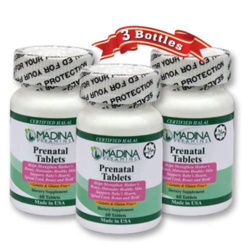 Madina Vitamins Prenatal Vitamins, Rich in Iron, Folic Acid and Zinc (3 Pack) Halal Vitamins - Made in USA