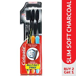 Colgate Slim Soft Charcoal Toothbrush (Pack of 3) 17x Slimmer Soft Tip Bristles