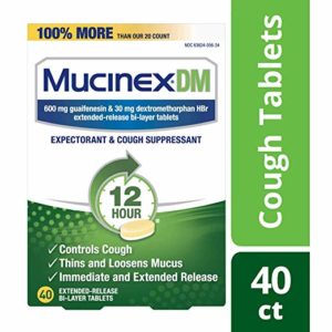 Cough Suppressant and Expectorant, Mucinex DM 12 Hr Relief Tablets, 40ct, 600 mg, Thins & loosens mucus that causes chest congestion, #1 Doctor recommended OTC expectorant