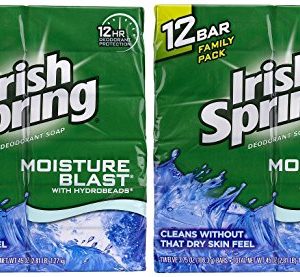 Irish Spring Deodorant Bar Soap, Moisture Blast, 3.75 Ounce Bars, [2 x 12] 24-Count Total