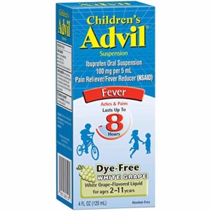 Children’s Advil Suspension (4 fl. oz, White Grape-Flavored), 100mg Ibuprofen Fever Reducer/Pain Reliever, Dye-Free, Liquid Pain Medicine, Ages 2 – 11