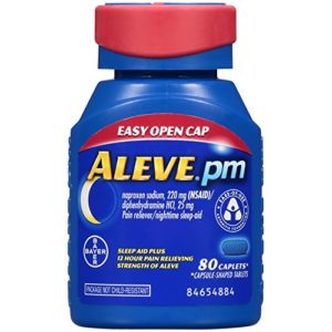 Aleve PM Easy Open Cap Caplets, Naproxen Sodium 220 mg (NSAID)/diphenhydramine HCl 25 mg, Pain Reliever/Nighttime Sleep-Aid, Non-Habit Forming, 80 Count