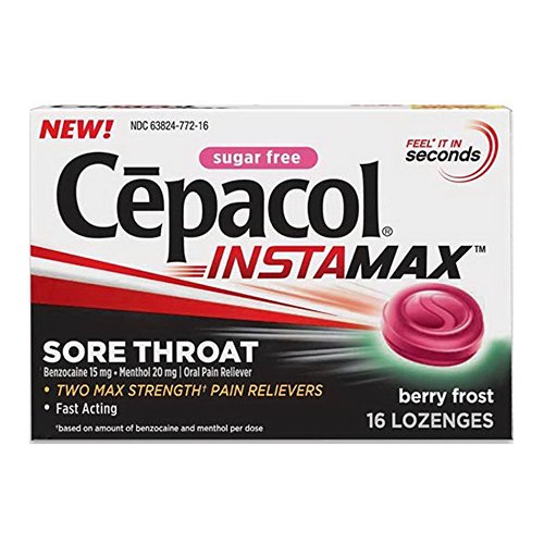 Cepacol InstaMax Sore Throat Lozenges, Sugar-Free, Berry Frost, 16 Lozenges (Pack of 2).