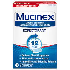 Chest Congestion, Mucinex 12 Hour Extended Release Tablets, 100ct, 600 mg Guaifenesin with extended relief of chest congestion caused by excess mucus, thins and loosens mucus