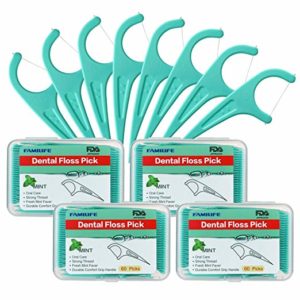 FAMILIFE Floss Picks Mint Dental Floss Picks with 4 Travel Handy Cases 240 Count Flossers