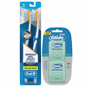 Oral-B Glide Pro-Health Comfort Plus Mint Flavor Floss Twin Pack 80 M & Oral-B Pro-Health Clinical Pro-Flex Medium Toothbrush, 2 Count, (Colors May Vary)  Bundle