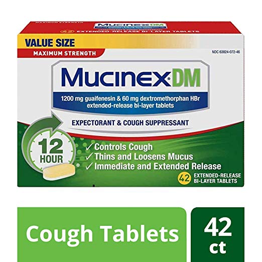 Cough Suppressant and Expectorant, Mucinex DM Maximum Strength 12 Hr Relief Tablets, 42ct, 1200 mg, Thins & loosens mucus that causes chest congestion, #1 Doctor recommended OTC expectorant