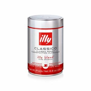 illy Classico Espresso Ground Coffee, Medium Roast, Classic Roast with Notes of Chocolate & Caramel, 100% Arabica Coffee, All-Natural, No Preservatives, 8.8 Ounce, Ground for Espresso Machines