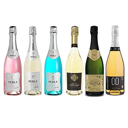 Sparkling Deluxe Wine Assortment - Six (6) Non-Alcoholic Wines 750ml Each - Featuring Perle Rosé, Perle Bleu, Perle Blanc, Gold Arabesque, Tautila Espumoso Blanco, and Bollicine Bianco Extra Dry