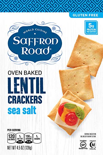 Saffron Road Oven Baked Lentil Crackers, Non-GMO, Gluten-Free, Halal, Sea Salt, 4.5 Ounce (Pack of 6)