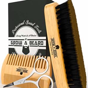 Beard Brush & Comb Set for Men's Care | Gentleman's Giveaway Mustache Scissors | Gift Box & Travel Bag | Best Bamboo Grooming Kit to Spread Balm or Oil for Growth & Styling | Adds Shine & Softness