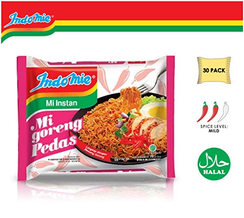 Indomie Mi Goreng Instant Stir Fry Noodles, Halal Certified, Hot & Spicy / Pedas Flavor (Pack of 30)