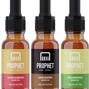 DELUXE EDITION 3 Beard Oils Set: Sandalwood, Cedarwood and Unscented - USA's TOP FAVORITE! Conditioner, Softener, Shine and Thicker Beard Growth - NUTS-FREE, VEGAN & HALAL! Prophet and Tools