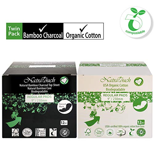 NATRATOUCH Regular PAD ~ COMPOSTABLE ~ Texas Organic Cotton & Natural Bamboo Charcoal Sanitary Regular Flow Pads (12 Cotton Pads and 12 Bamboo Pads)