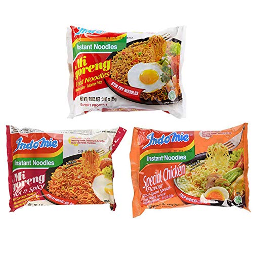 Indomie Instant Noodle 3 Flavors Variety (Pack of 30) - Fried Noodles, Hot Spicy, Special Chicken (10 packs each)
