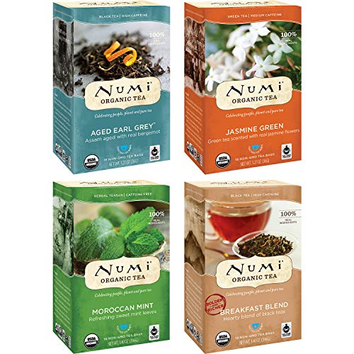 Numi Organic Tea Variety Pack, 18 Count Box of Tea Bags (Pack of 4), Aged Earl Grey, Breakfast Blend, Jasmine Green & Moroccan Mint (Packaging May Vary)