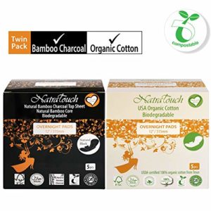 NATRATOUCH Overnight PAD ~ COMPOSTABLE ~ Texas Organic Cotton & Natural Bamboo Charcoal Sanitary Pads (5 Cotton Pads and 5 Bamboo Pads)