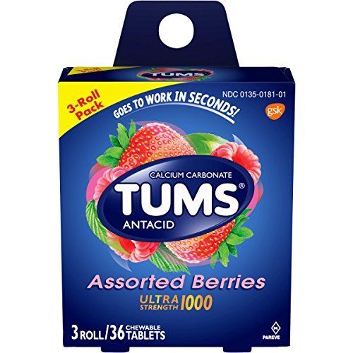 TUMS Ultra Strength Assorted Berries Antacid Chewable Tablets for Heartburn Relief, 3 rolls of 12ct