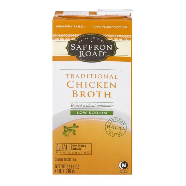 Saffron Road Traditional Chicken Broth with Low Sodium, Gluten-Free, Halal, 32 Ounce (Pack of 12)