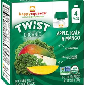 Happy Squeeze Organic Superfoods Twist Apple Kale Mango, 3.17 Ounce Pouch (Pack of 16) (Pack May Vary) Baby Toddler Kid Snack, Resealable, No Added Sugar Non-GMO Kosher (Packaging May Vary)