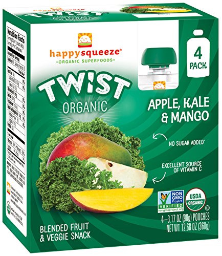 Happy Squeeze Organic Superfoods Twist Apple Kale Mango, 3.17 Ounce Pouch (Pack of 16) (Pack May Vary) Baby Toddler Kid Snack, Resealable, No Added Sugar Non-GMO Kosher (Packaging May Vary)