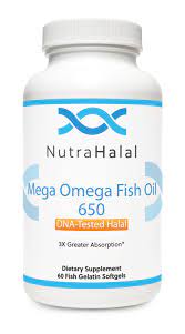 NutraHalal Mega Omega Fish Oil 650 - Halal DNA Tested Supplement - Gluten Free - Supports Cardiovascular and Mental Health - 60 Count