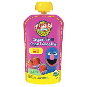 Earth's Best Organic Sesame Street Toddler Fruit Yogurt Smoothie, Mixed Berry, 4.2 oz. Pouch (Pack of 12)