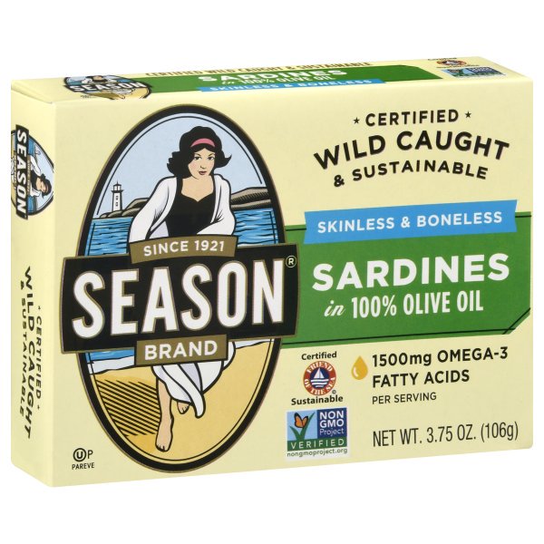 Season Skinless and Boneless Sardines in Olive Oil, 3.75-Ounce Tins (Pack of 5)
