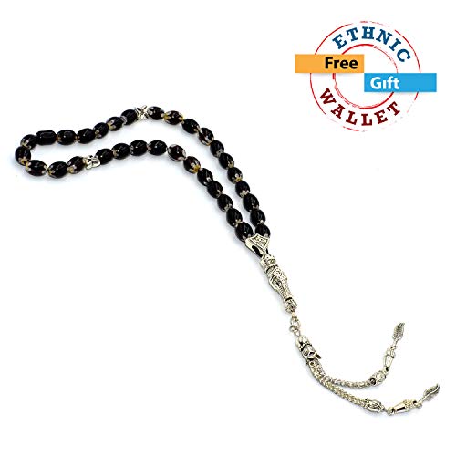 Black Lampwork Glass Prayer Beads with Tassel (33 Beads) Tesbih-Tasbih-Tasbeeh-Misbaha-Masbaha-Subha-Sebha-Sibha-Rosary-Worry Beads - Free Gift Pouch