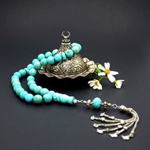 Big Turquoise Stone Prayer Beads with Metal Tassel - (12mm) (33 Beads) Tesbih-Tasbih-Tasbeeh-Misbaha-Masbaha-Subha-Sebha-Sibha-Rosary-Worry Beads - Free Gift Box