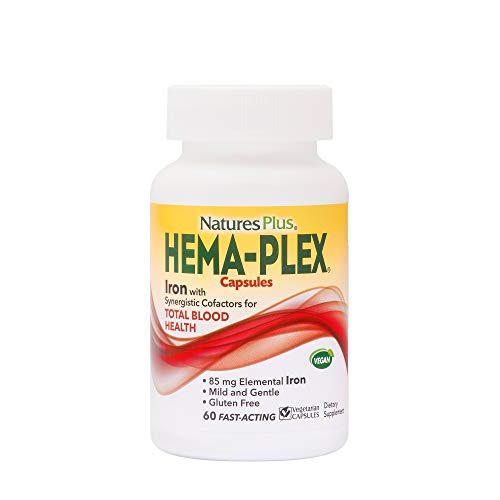 Natures Plus Hemaplex - 85 mg Chelated Iron, 60 Vegetarian Capsules -Fast Acting Supplement for Total Blood Health, Vitamin C, B-Complex, Essential Minerals - Gluten Free - 30 Servings