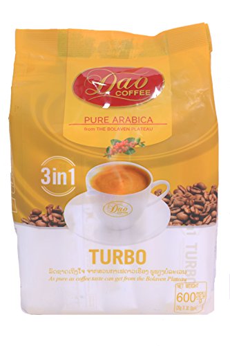 Laos Dao Instant Coffee 3 in 1 Turbo 100% Pure Arabica Halal 600g. Pack of 2 bags (60 sticks)