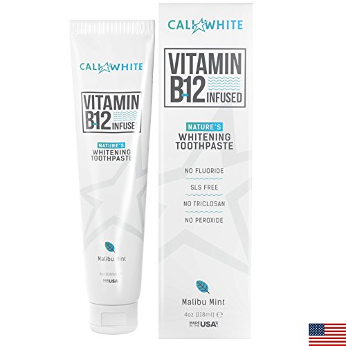 Cali White VEGAN WHITENING TOOTHPASTE with VITAMIN B12, Organic Mint, Natural Whitener, Made in USA, Fluoride Free, Gluten Free, Xylitol, Best Methylcobalamin B 12 for Sublingual Absorption, Kids Safe