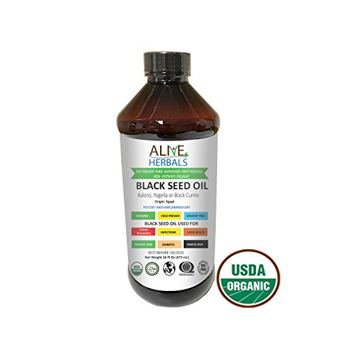Alive Herbal Black Seed Oil - Egypt- Nigella Sativa - Virgin 100% Raw Organic Cold Pressed, Unfiltered, Vegan & Non-GMO, No Preservatives & Artificial Color- BPA Free Food Grade Plastic Bottle- 16 OZ.