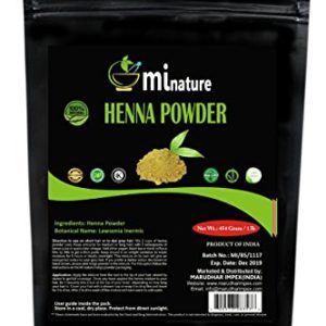 mi nature Henna Powder (LAWSONIA INERMIS)/ 100% Pure, Natural and Organic from Rajasthan, India (454g / (1 lb) / 16 ounces) - Resealable Zip Lock Pouch For Hair Dye/Color