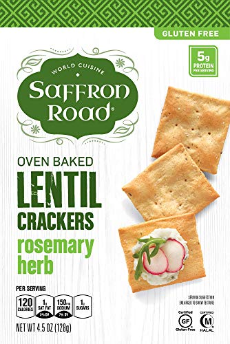 Saffron Road Oven Baked Lentil Crackers, Non-GMO, Gluten-Free, Halal, Rosemary Herb, 4.5 Ounce (Pack of 6)