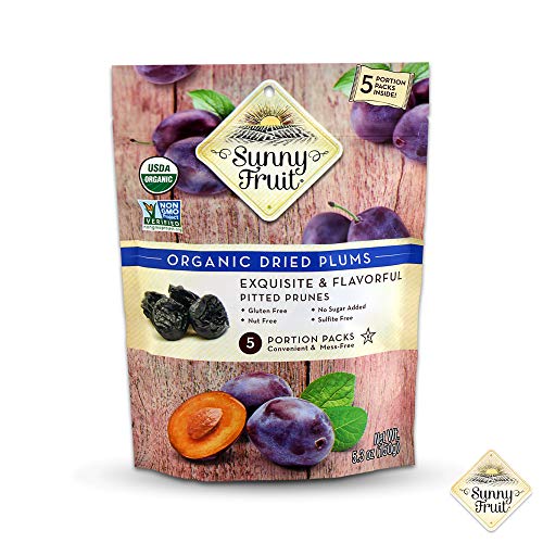 ORGANIC Dried Prunes - Sunny Fruit - (5) 1.06oz Portion Packs per Bag | Purely Prunes - NO Added Sugars, Sulfurs or Preservatives | NON-GMO, VEGAN & HALAL