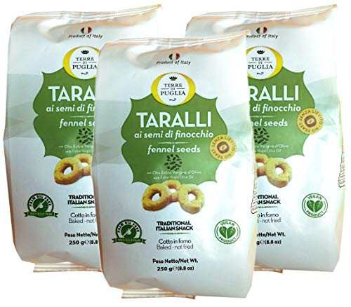Terre Di Puglia, Baked Taralli Fennel Seeds Snack (Pack of 3), Imported from Italy, 8.8 oz (each)
