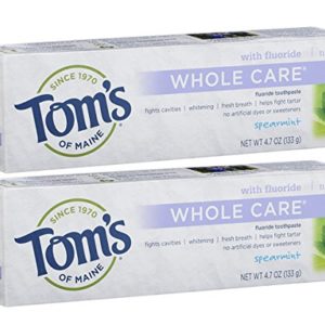 Tom's of Maine Whole Care Fluoride Toothpaste, Natural Toothpaste, Whitening Toothpaste, Spearmint, 4.7 Ounce, 2-Pack