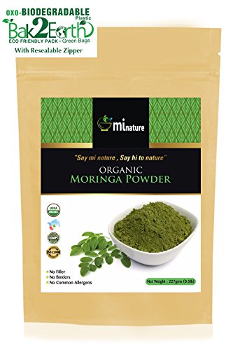 mi nature USDA Certified Organic Moringa Leaves Powder, Indian Sigru, Moringa Oleifera Pure, Natural and Organic - Ayurvedic Herbal Supplement, in OXO/Biodegradable resealable Zip Lock Pack