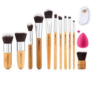 NEW 11 Piece Professional Makeup Brush Set with Premium Synthetic Hair and Natural Bamboo handles for Face, Cheeks and Eyes, plus includes a BONUS Complexion Beauty Sponge Blender!