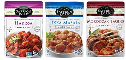 Saffron Road Authentic Recipe Simmer Sauce 3 Flavor Variety Bundle: (1) Tikka Masala, (1) Harissa Simmer Sauce, and (1) Moroccan Tagine, 7 Oz. Ea. (3 Pouches)