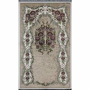 Modefa Islamic Janamaz Sajjadah Thin Chenille Woven Embroidered Floral Rose Prayer Mat (Beige)