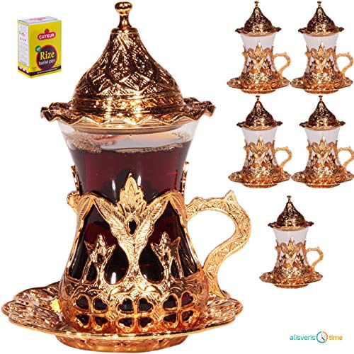 (SET OF 6) Handmade Turkish Tea Water Zamzam Serving Set Glasses Saucer (Gold)