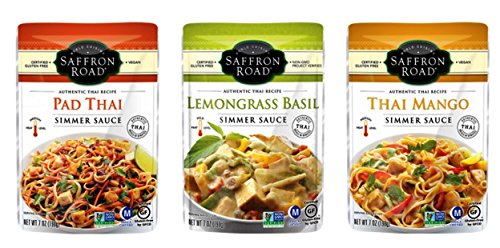 Saffron Road Authentic Thai Recipe Simmer Sauce 3 Flavor Variety Bundle, (1) each: Pad Thai, Lemongrass Basil, Thai Mango (7 Ounces)
